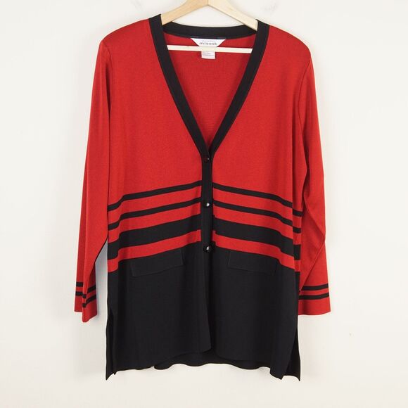 Misook Jackets & Blazers - Misook Red Black Colorblock Striped Button Knit Jacket Womens Sz XL